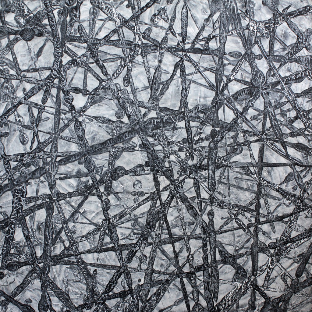 Strooilijnen 1, 2011 gemengde techn. op paneel 122x122 cm